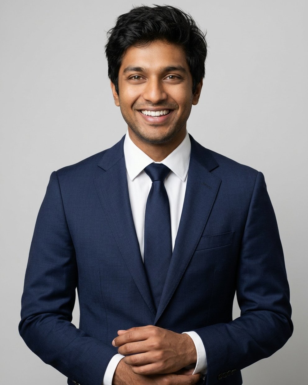 Light grey studio headshot, navy suit