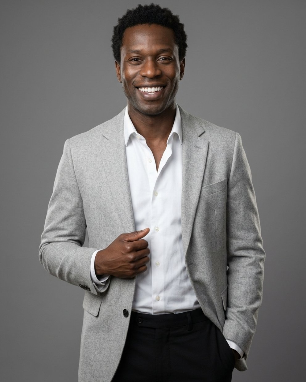 Mid grey studio headshot, gray blazer