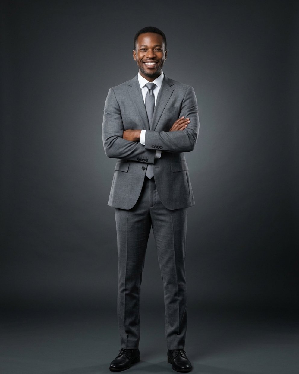 Charcoal studio headshot, gray suit