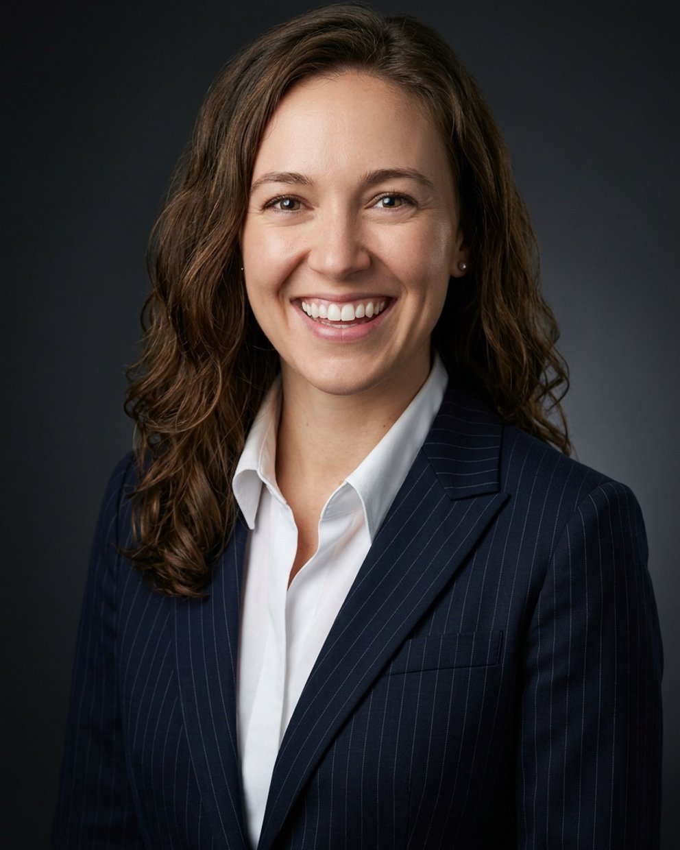Pinstripe suit headshot on charcoal backdrop