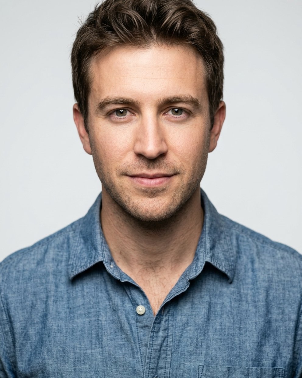 Light grey studio headshot, chambray shirt